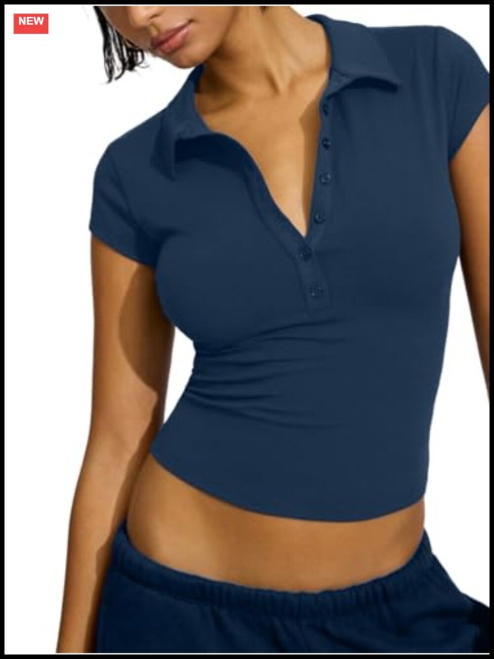 Women's Cropped Polo Shirt Collared Button Up Cap Sleeve Slim Fit Cotton Summer